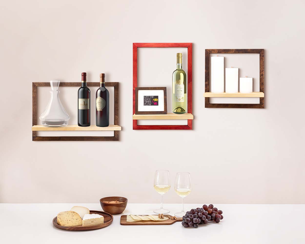 Stained wood handmade unique framed shelves for kitchen for storage in red and brown colors and custom sizes.