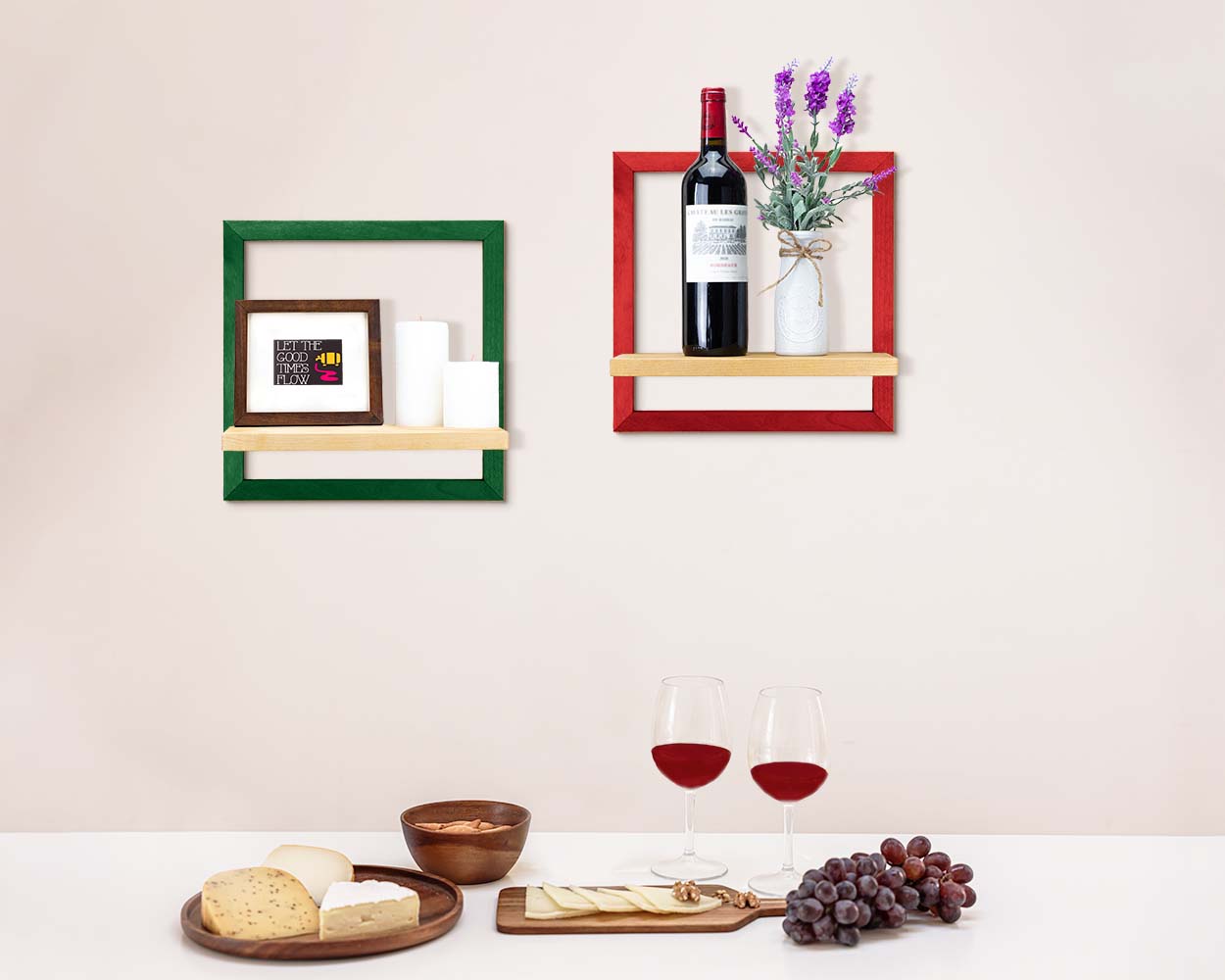 Colorful floating shelves unique storage for kitchen, handmade wooden frame with custom colors and sizes.