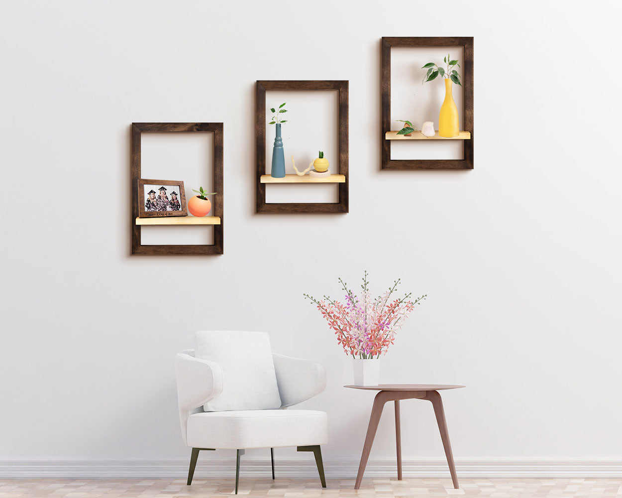 Solid dark wood handmade quality framed shelves for storing memories home decor for home, office, kitchen, bedroom, bathroom.