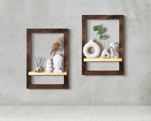 Floating kitchen framed shelves for storing home decor, small plants, candles, made from solid wood.