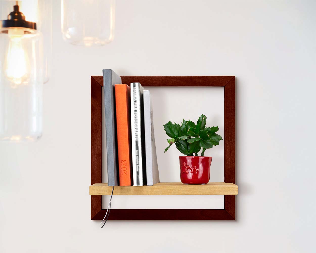 Unique trendy floating wooden handmade framed shelf for book storage, plant shelf in custom colors and sizes.