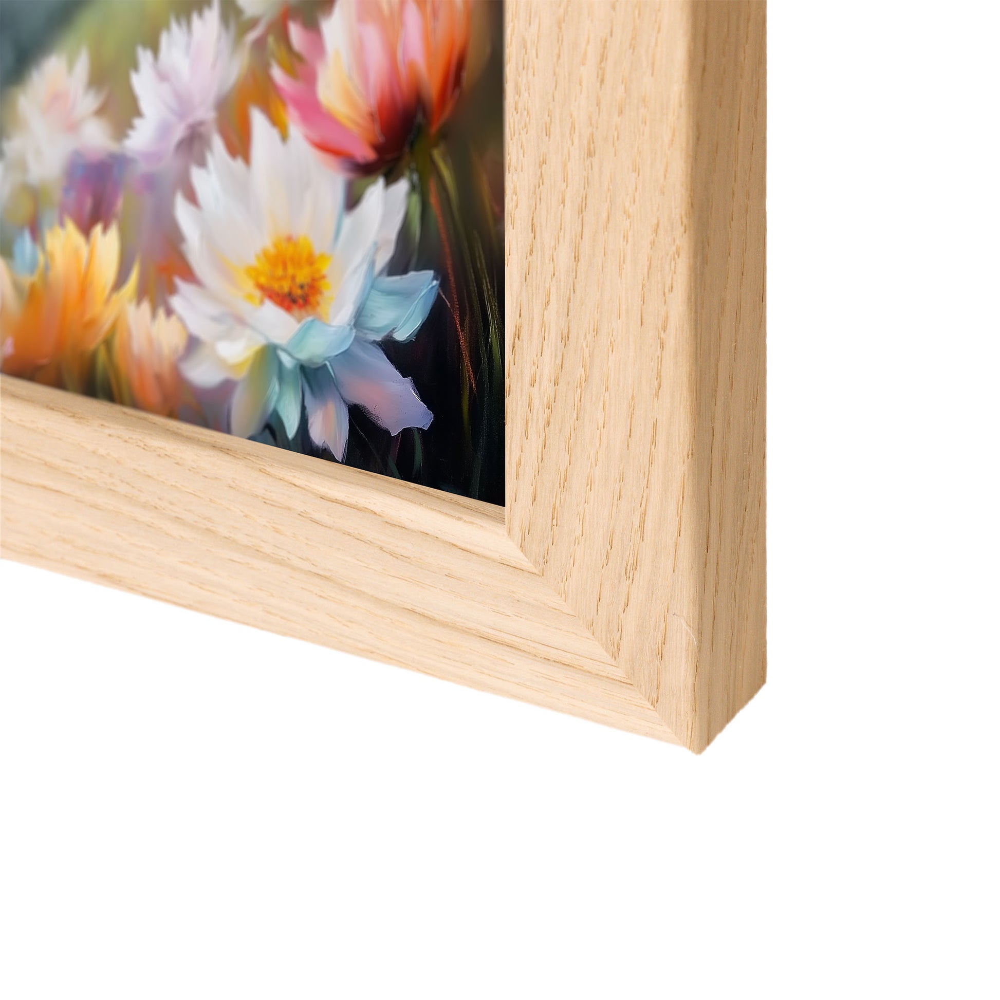 Close-up of a wooden photo frame with a floral print on a white background