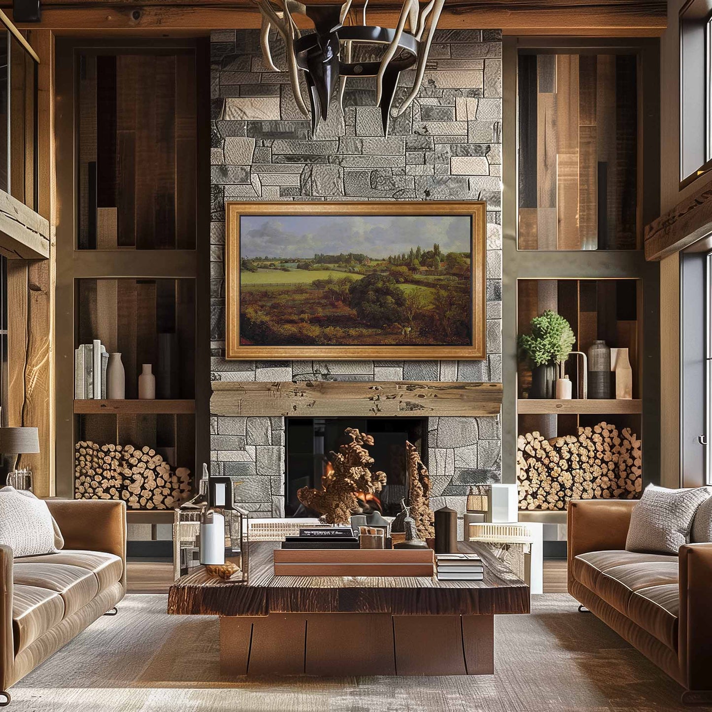 Antique Gold Leaf TV frame above fire place in rustic cabin living room