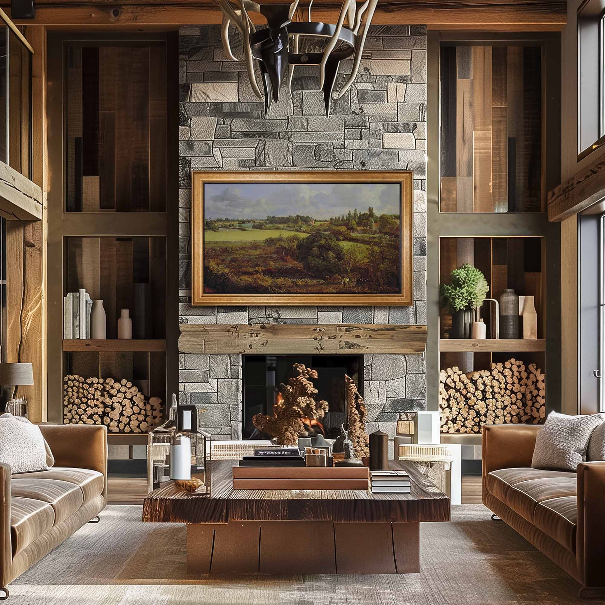 Antique Gold Leaf TV frame above fire place in rustic cabin living room