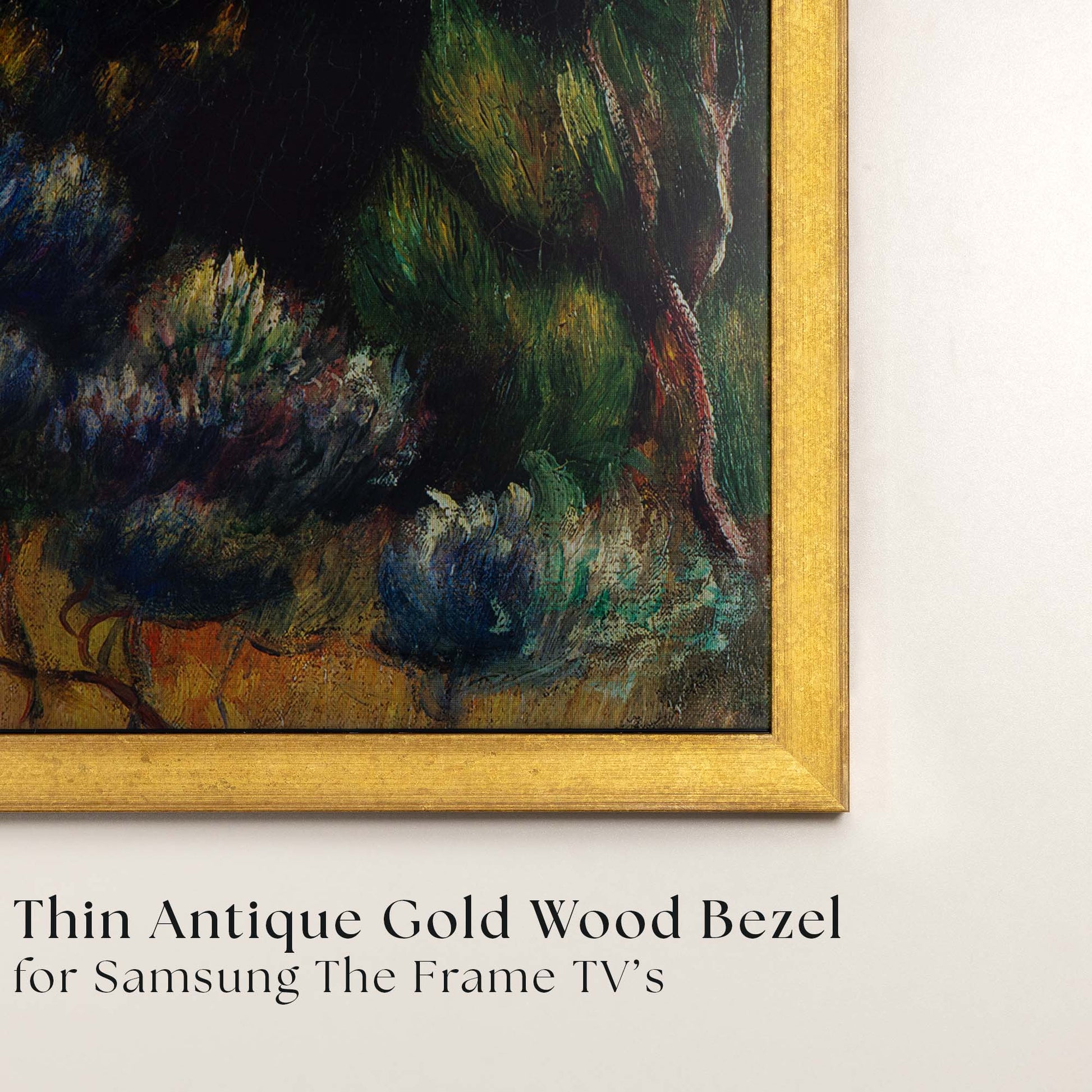 Antique Gold TV frame fully covers The Frame black bezel