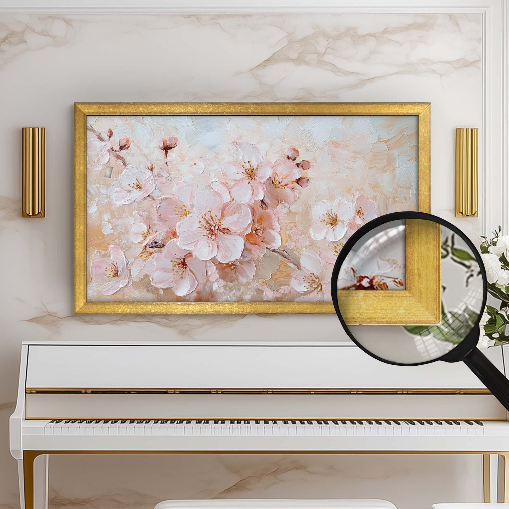 Antique Gold frame on the marble wall above white piano in light music room
