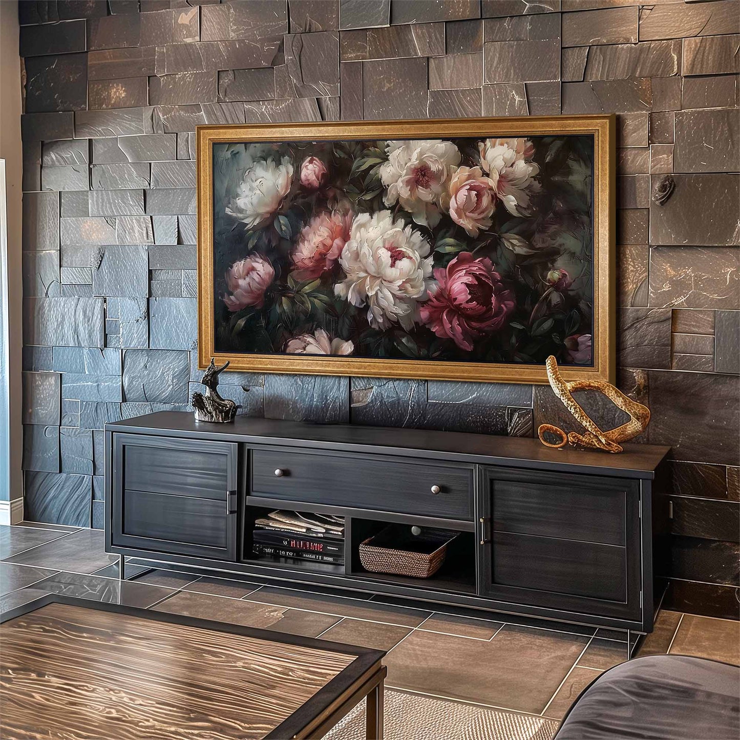 Antique Gold leaf Tv frame on the Iron Ore panel wall above Black TV Console, rustic modern living room