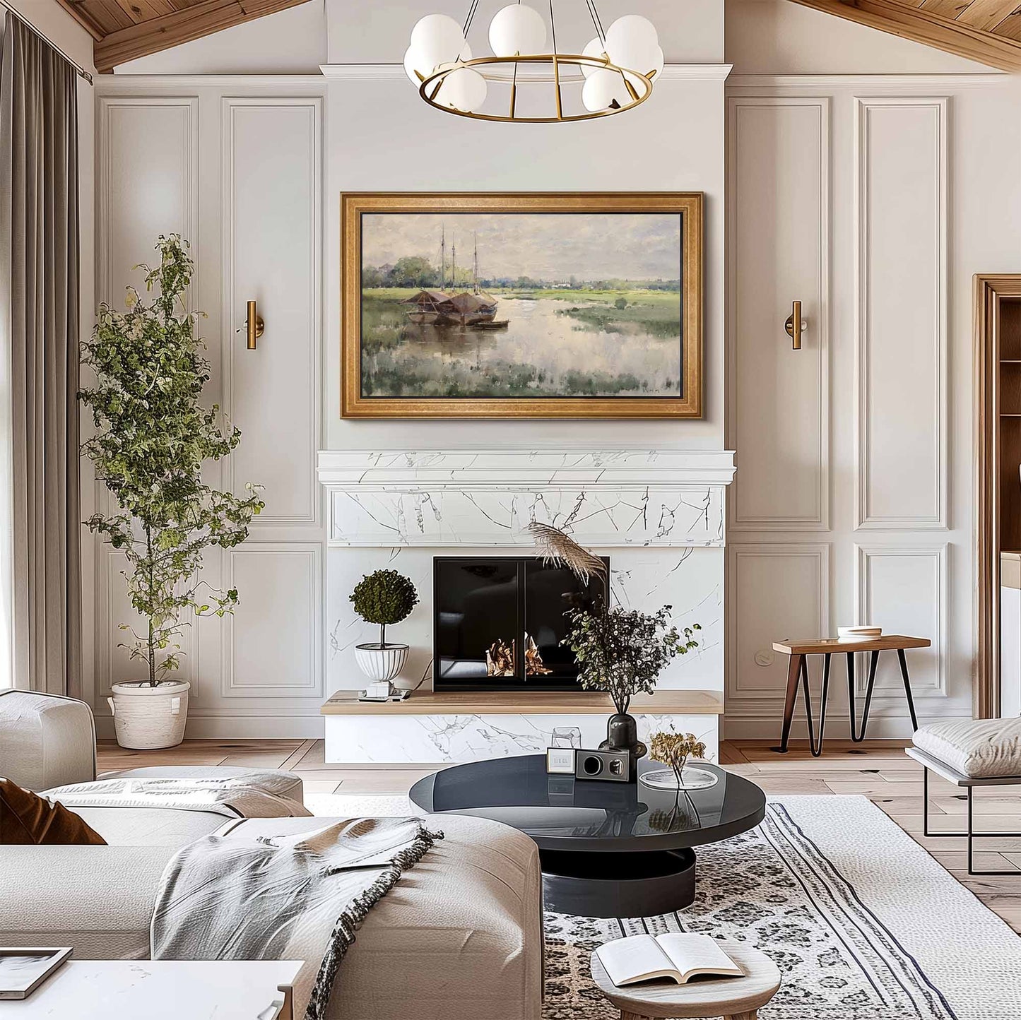 Antique Golden TV Frame above gas fire place in light traditional living room with antique gold accents