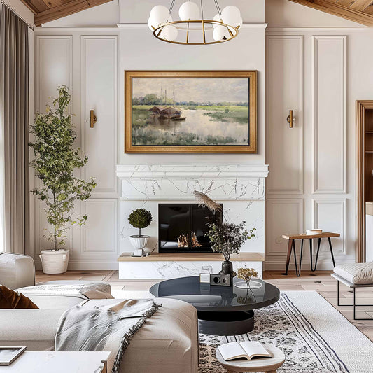 Antique Golden TV Frame above gas fire place in light traditional living room with antique gold accents