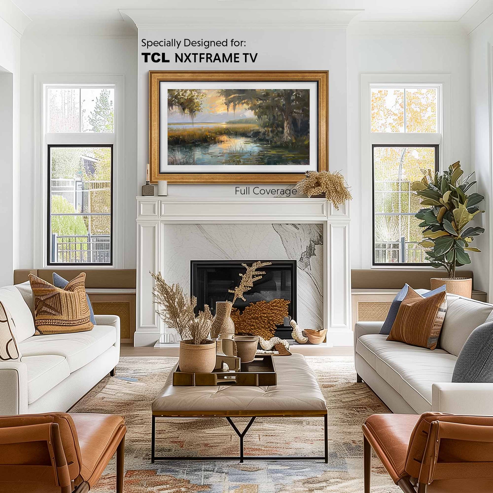 Antique Golden leaf Tv Frame on the wall above fire place