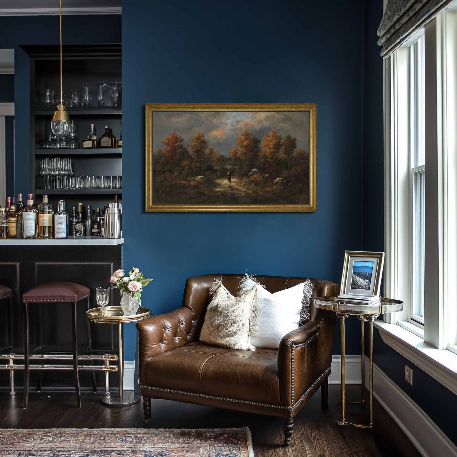 Antique gold Tv frame in dark vintage living room design with bar