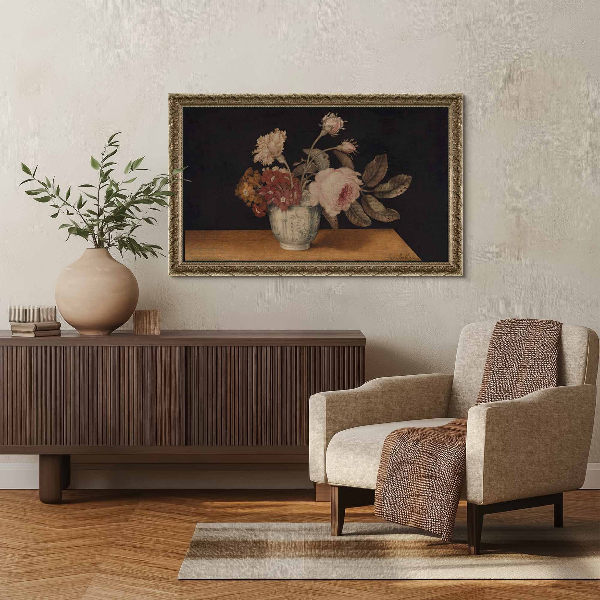 Antique silver tv frame above walnut sideboard in modern minimalistic living room interior design