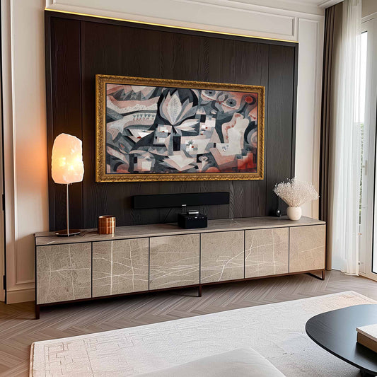 Baroque Gold Tv Frame on black wooden slot wall in Modern interior design