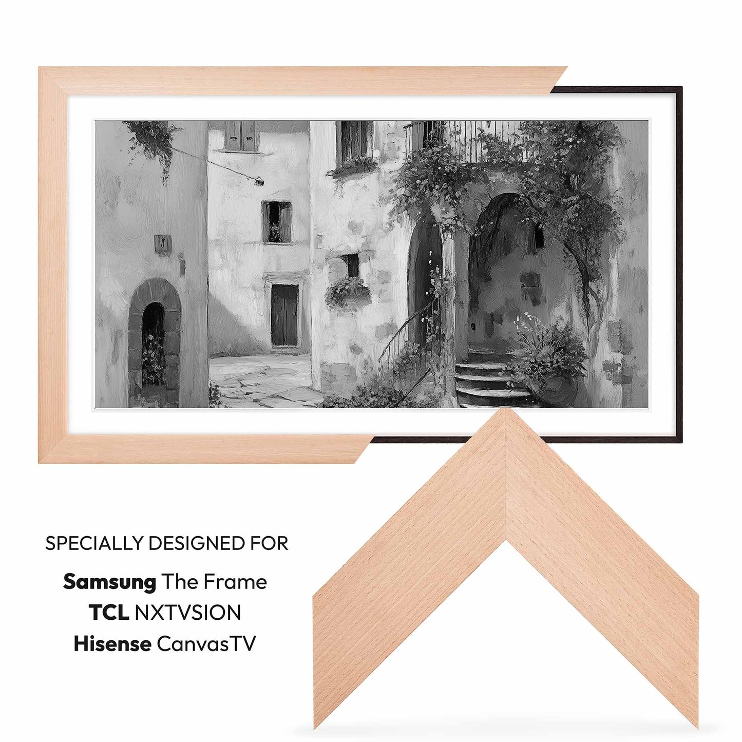 Framed artwork displayed on a white background with Samsung, TCL, and Hisense logos.