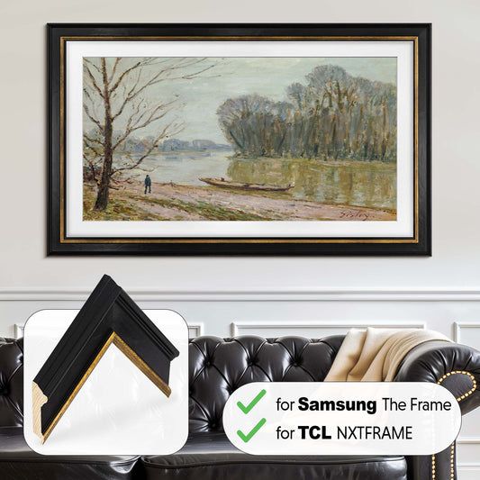 Black & Gold TV frame on the wall above black chesterfield sofa in Contemporary Living Room