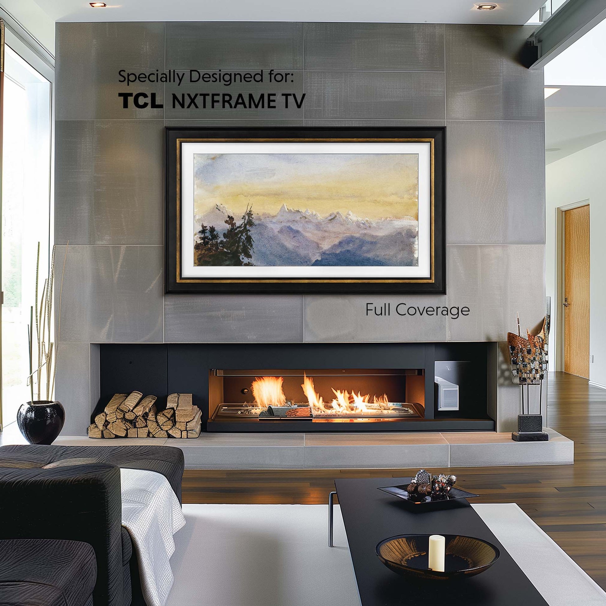 Black & Gold Tv Frame Tv on the wall, Widescreen Fireplace