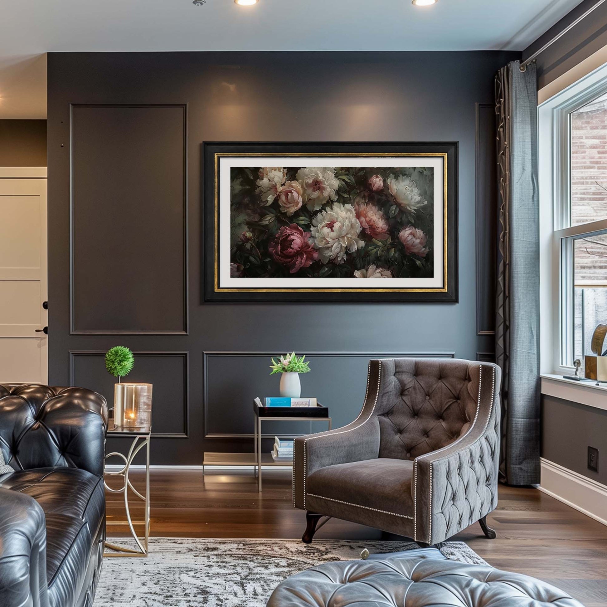 Black & Gold Tv Frame in Dark Contemporary style living room