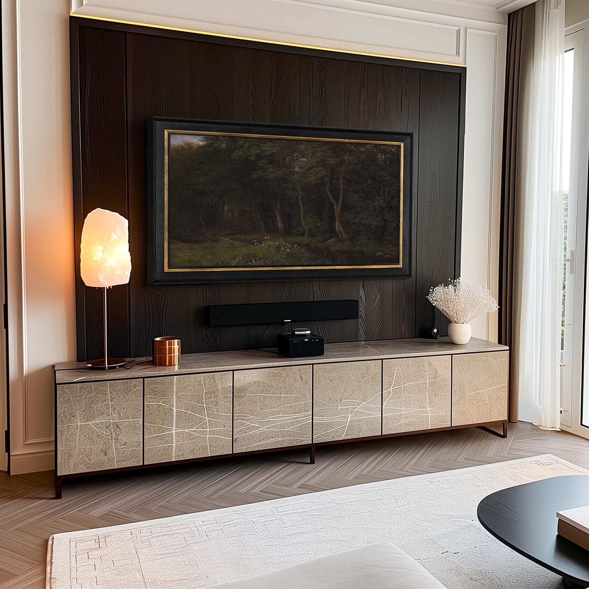 Black & Gold Tv Frame on black wooden slot wall in Modern interior design