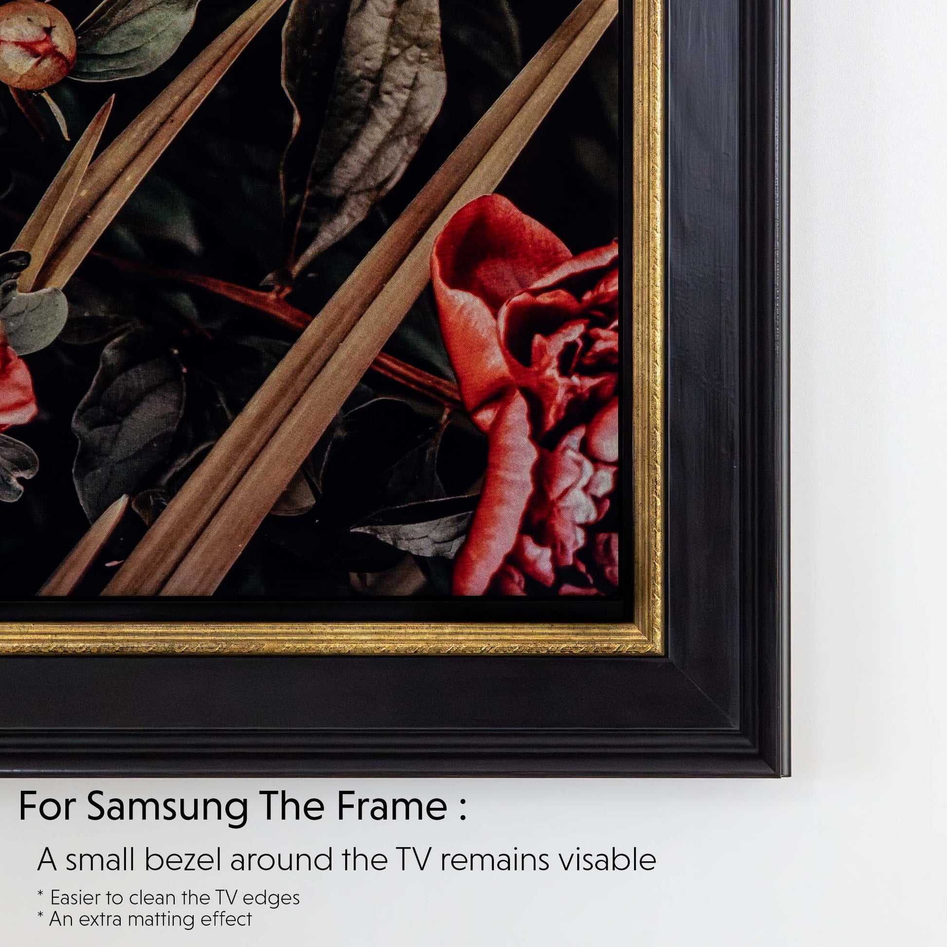 Black and gold TV Bezel corner on Samsung TV Frame