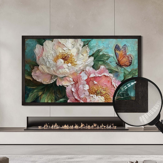 Black oak tv frame for samsung the frame tv above  fireplace