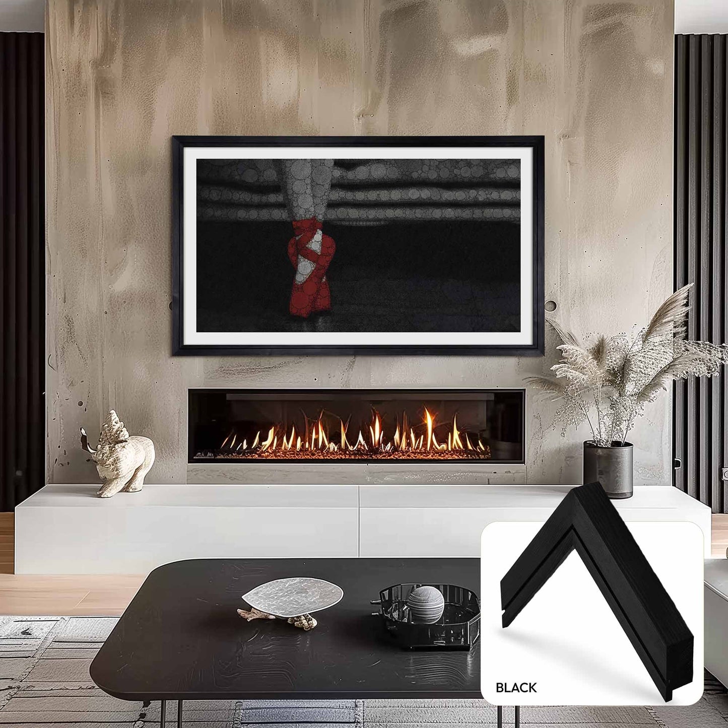 Modern living room with a fireplace, TV, and decorative items.
