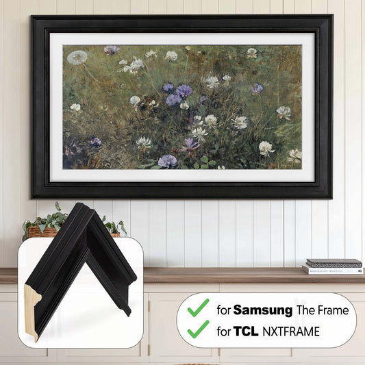 Black tv frame on wall mounted tv above sideboard in traditional interior design