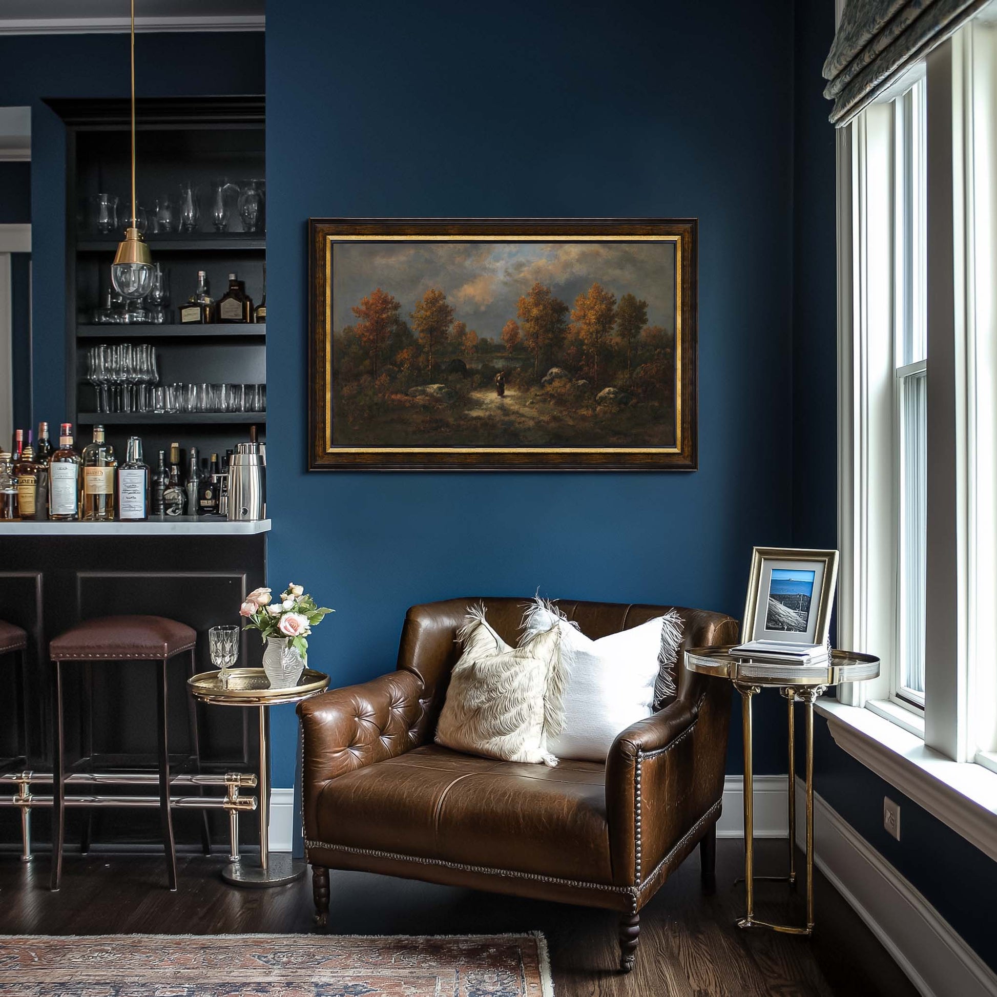 Brown and Antique gold TV Frame in dark vintage living room design with bar