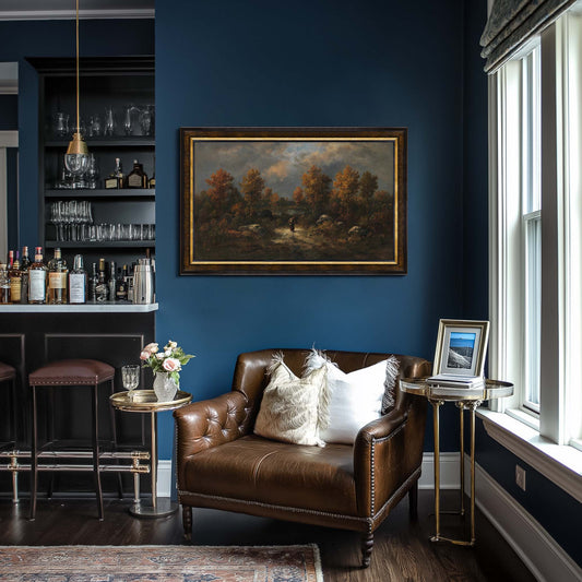 Brown and Antique gold TV Frame in dark vintage living room design with bar
