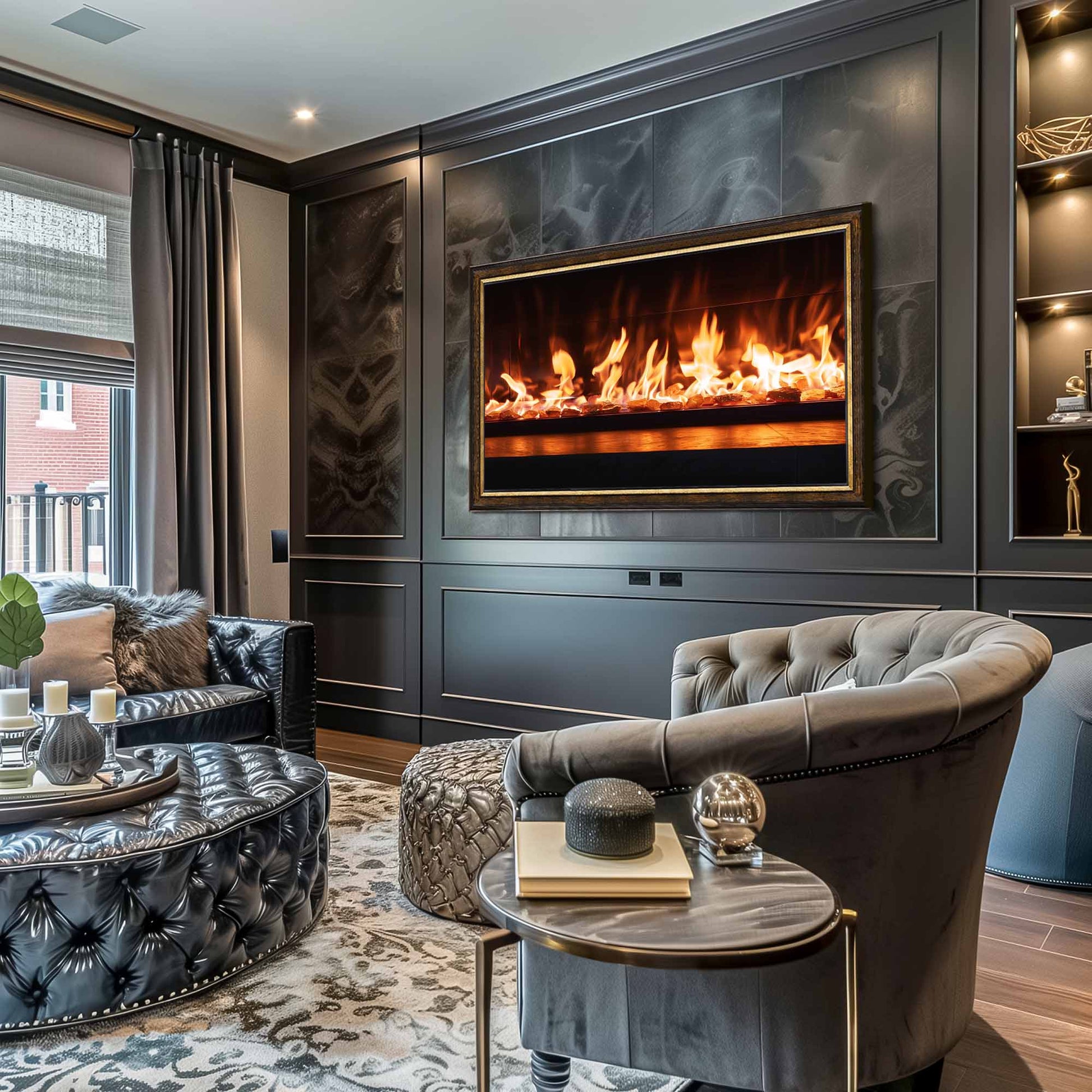 Brown and gold TV frame in luxury black interior-fireplace imitation