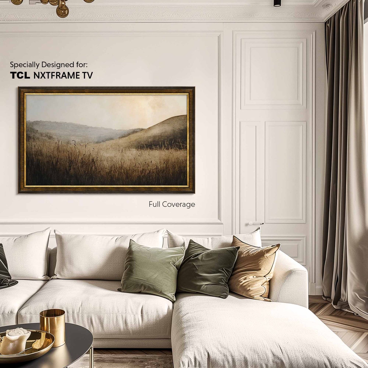 Brown and gold TV frame in modern white living room