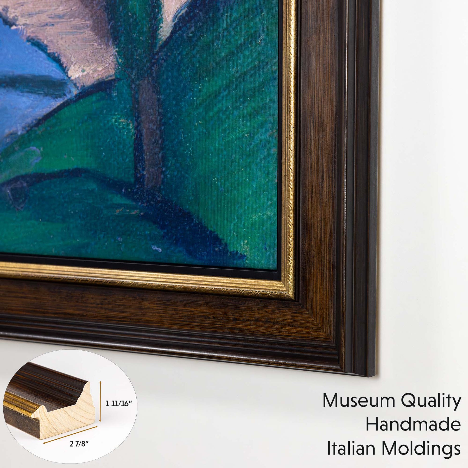 Brown and gold tv frame is made from museum quality Italian  moldings