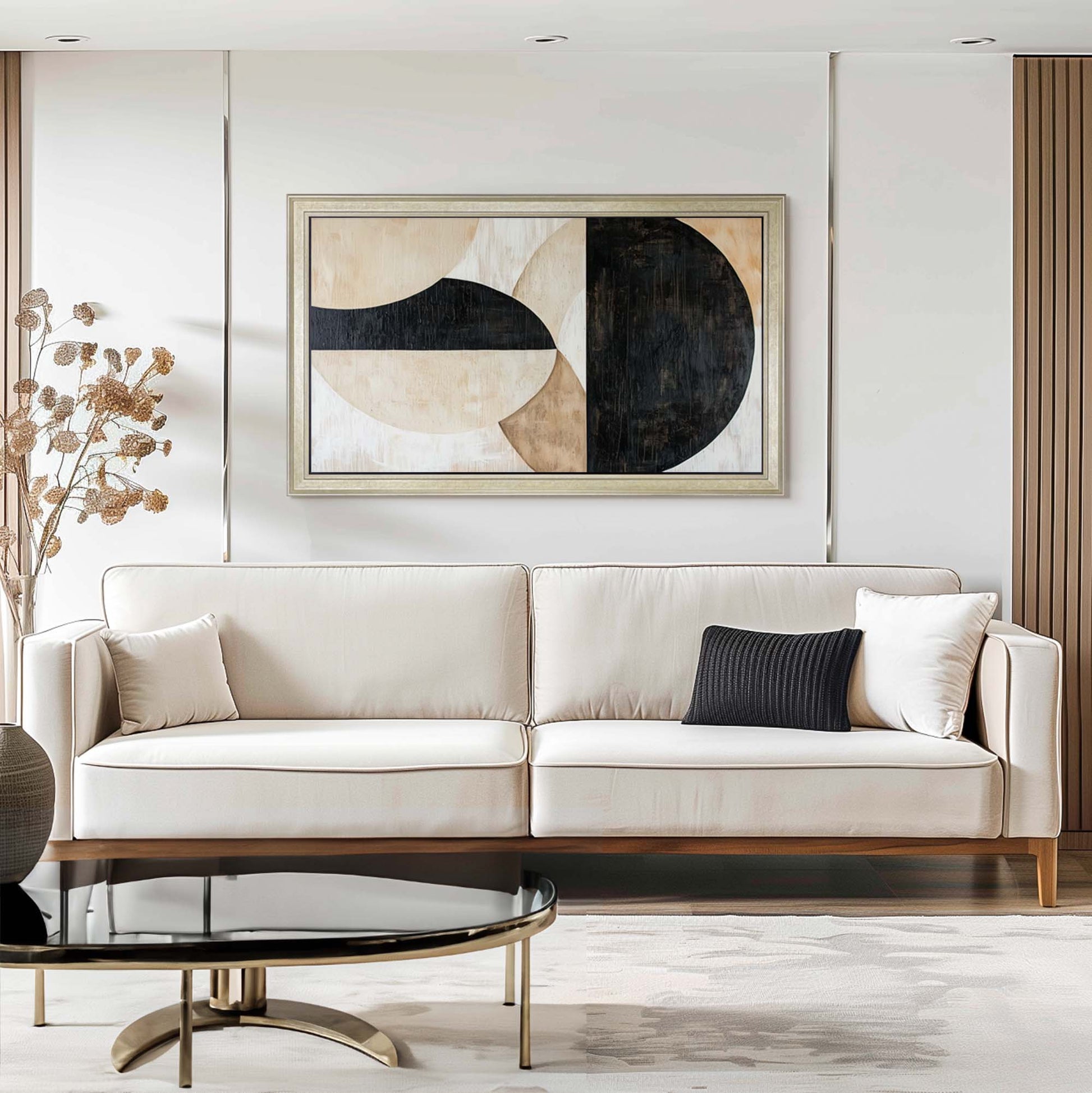 Champagne TV Frame above Velvet Sofa in minimal interior