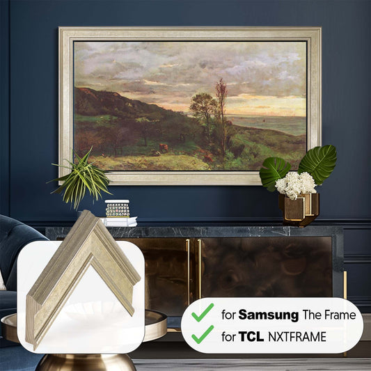 Champagne TV frame in blue interior room 