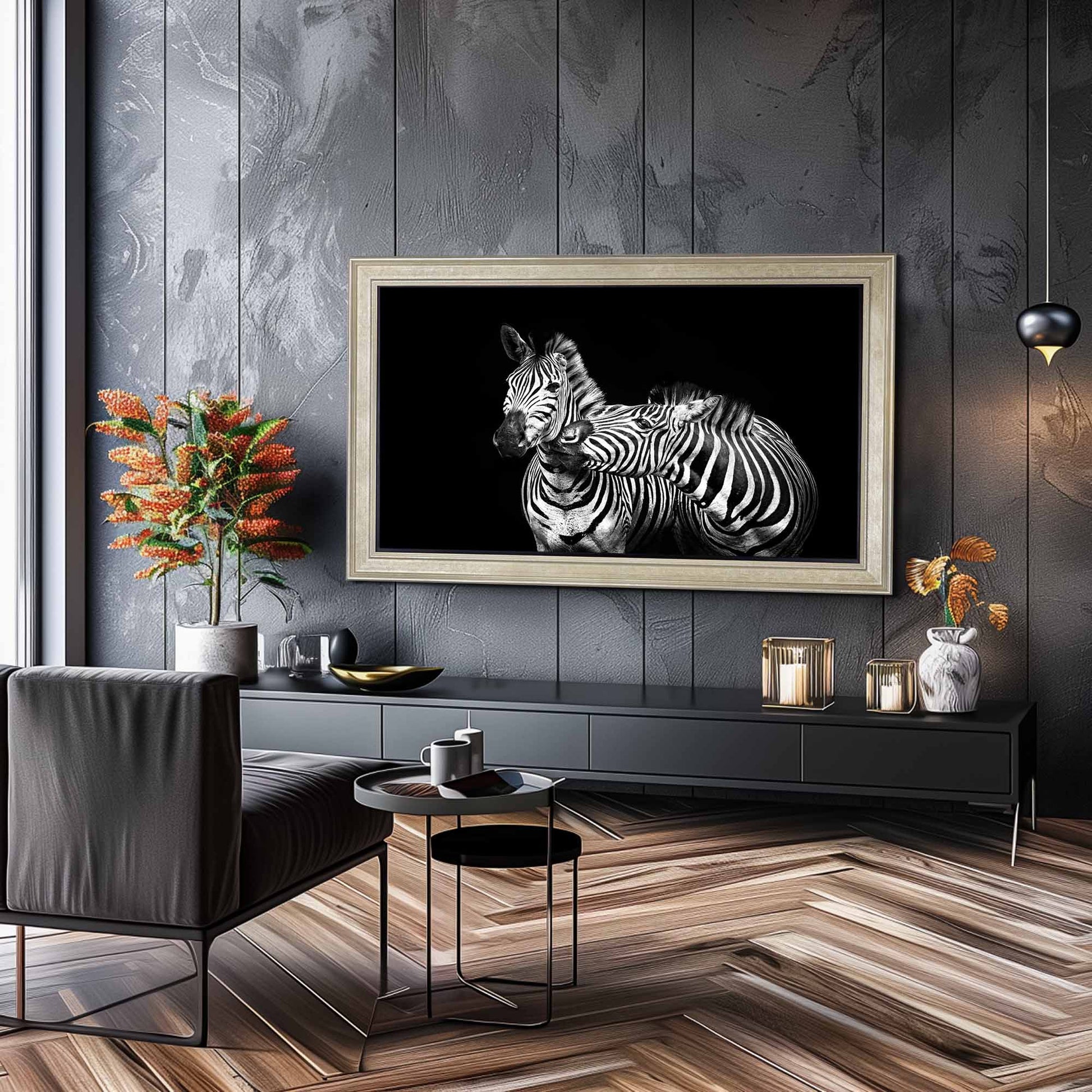 Champagne Tv frame in Modern dark home interior