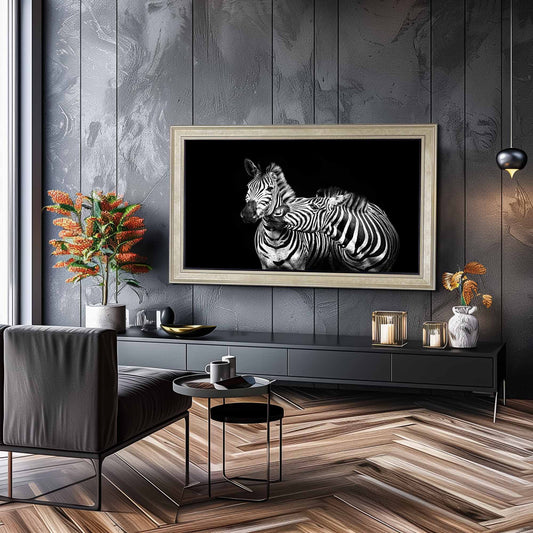 Champagne Tv frame in Modern dark home interior