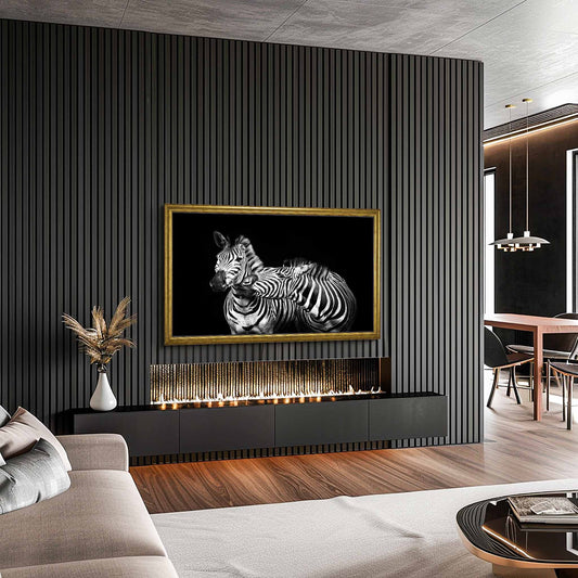 Classic Gold TV Frame on Black wood slat wall