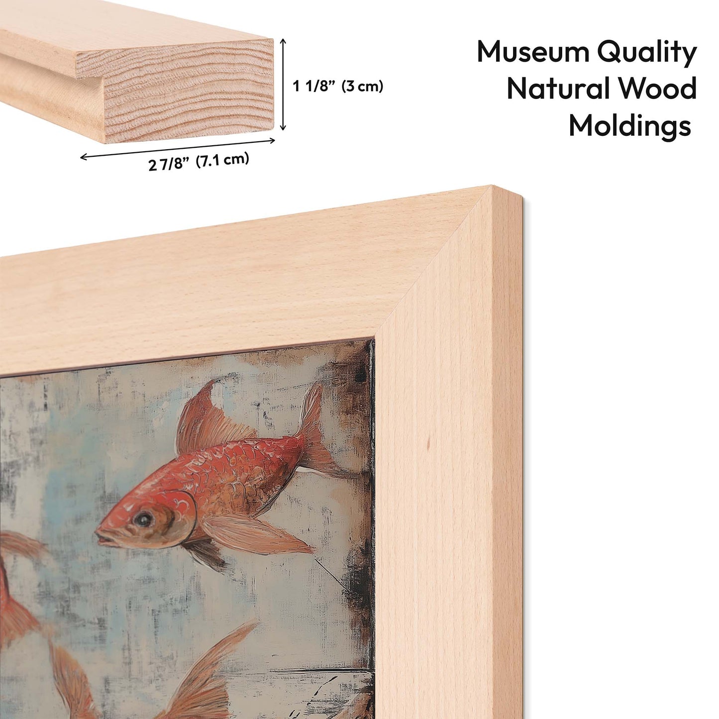 Wooden picture frame with a fish painting and measurements of natural wood moldings.