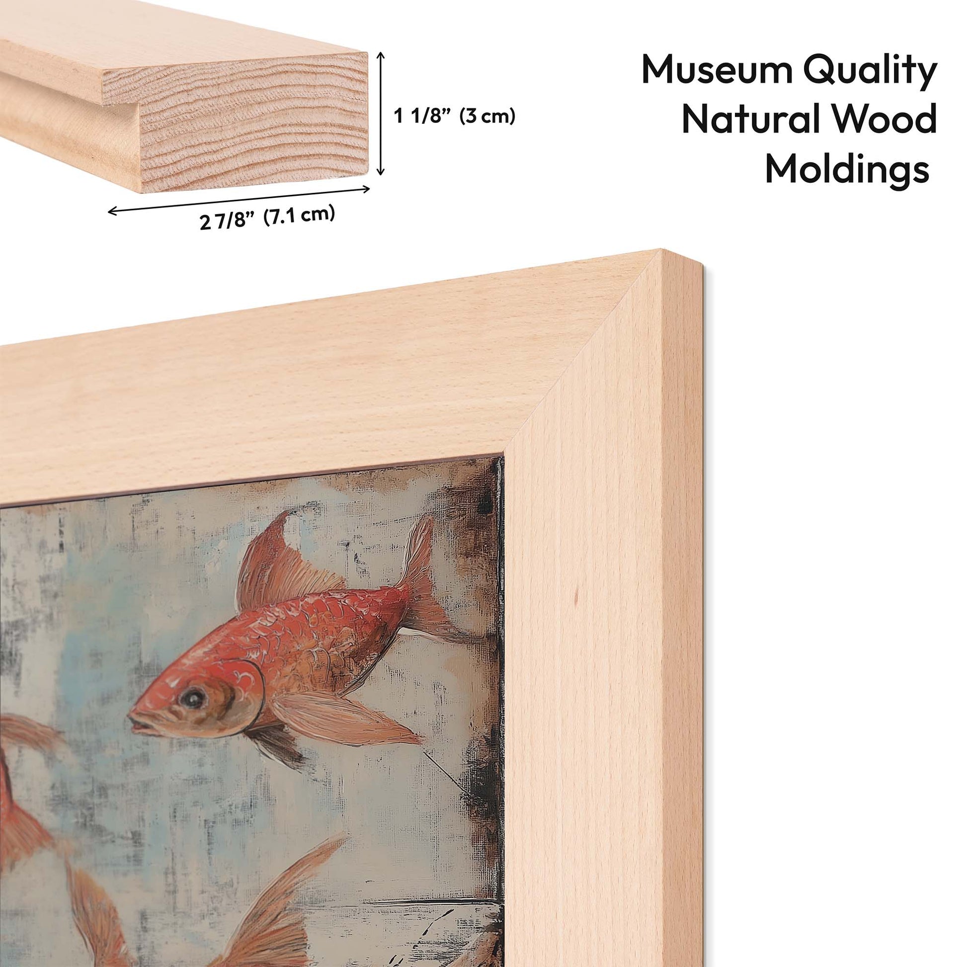Wooden picture frame with a fish painting and measurements of natural wood moldings.