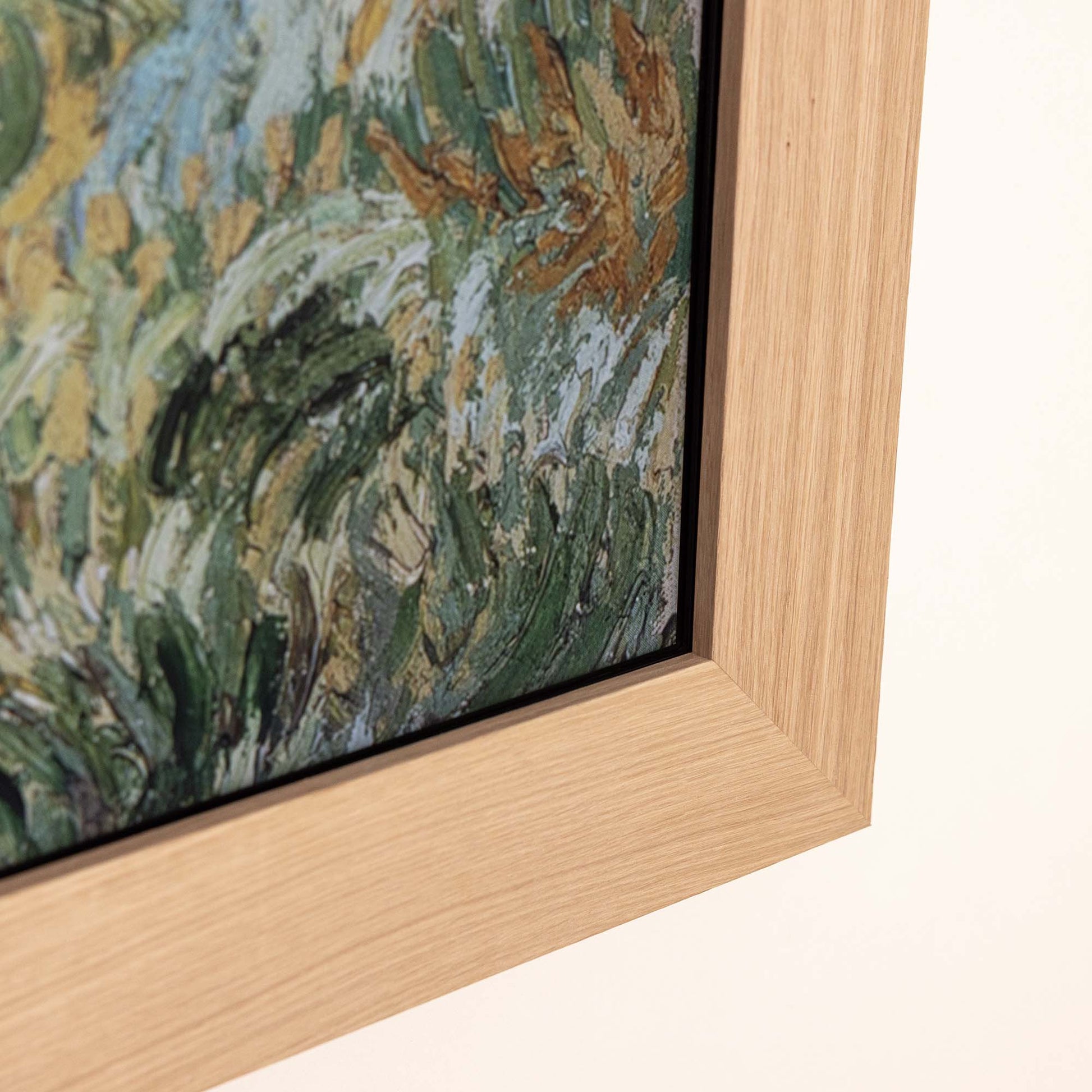 Close up to oak tv bezel corner with natural soap finish
