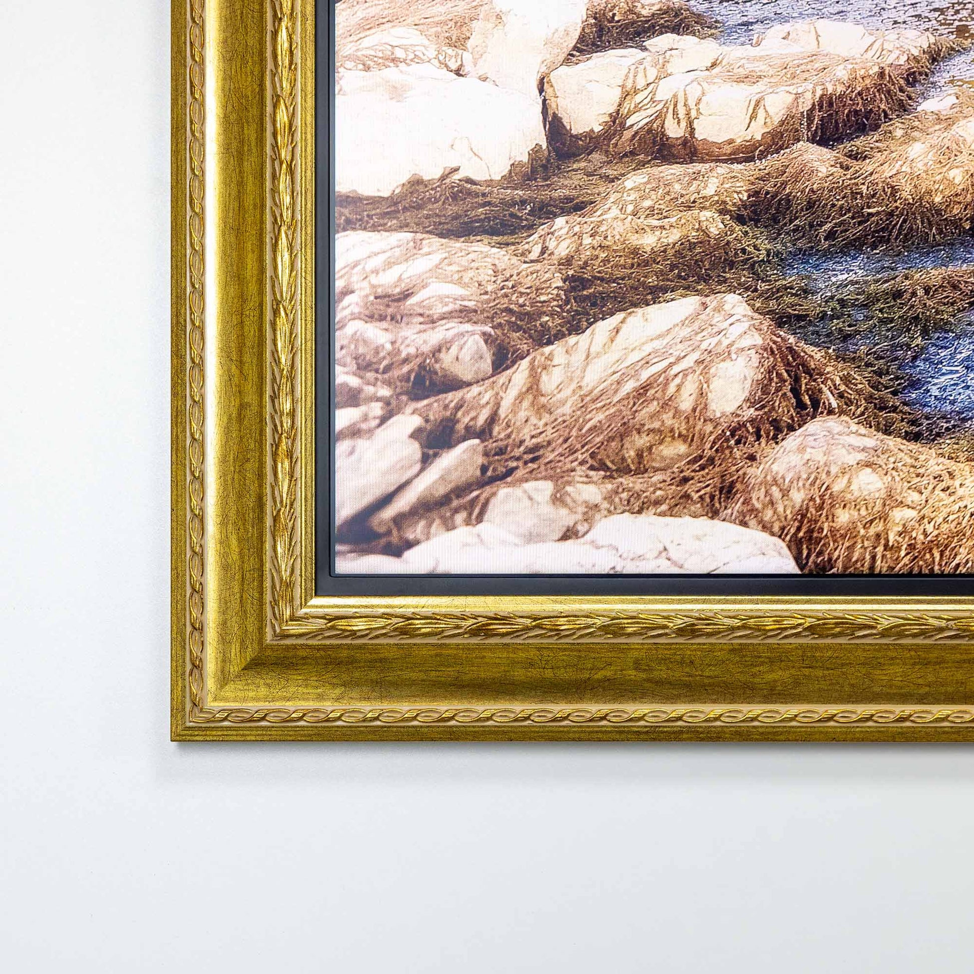 Close up to ornate gold tv frame corner
