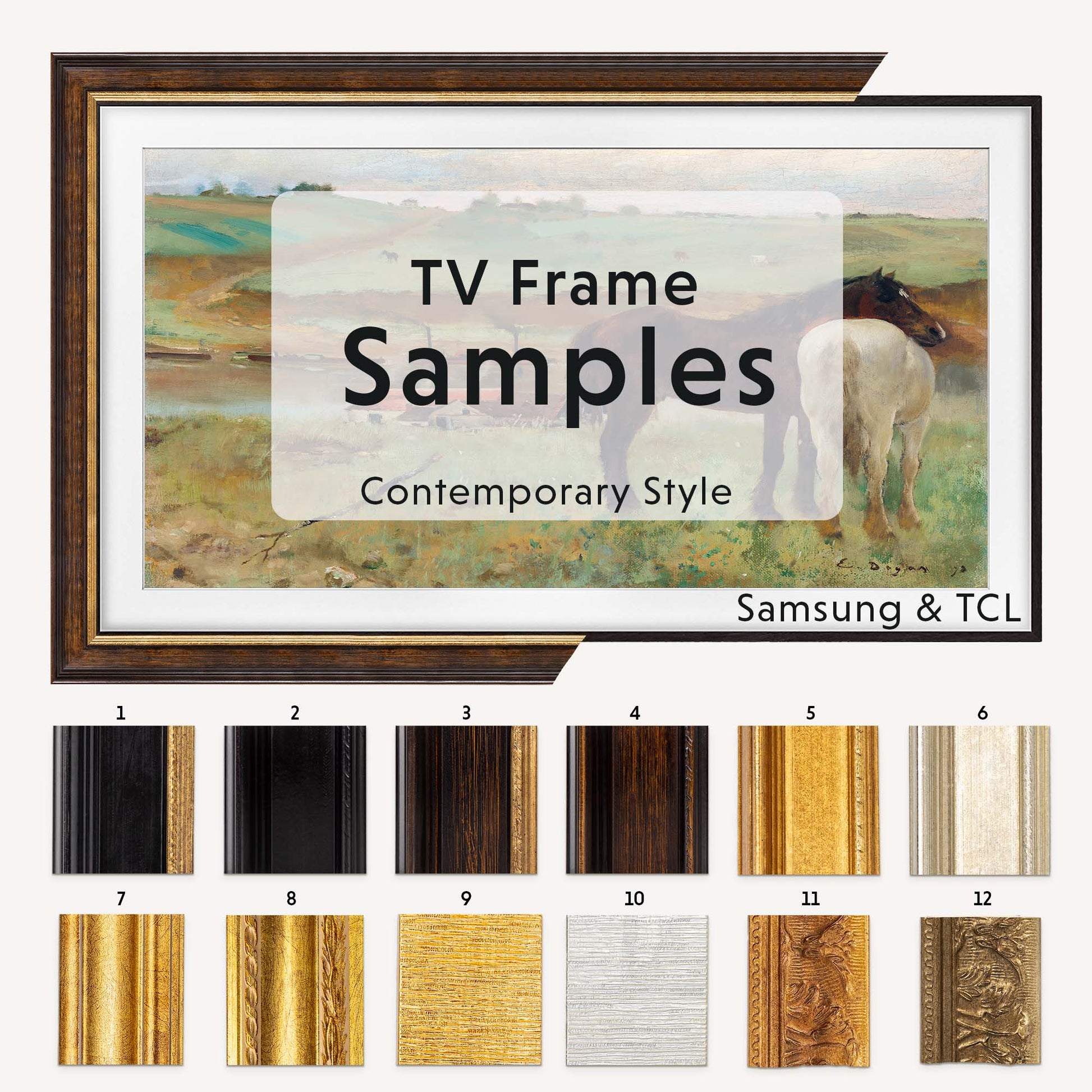 Contemporary style tv frame sample moldings and colors