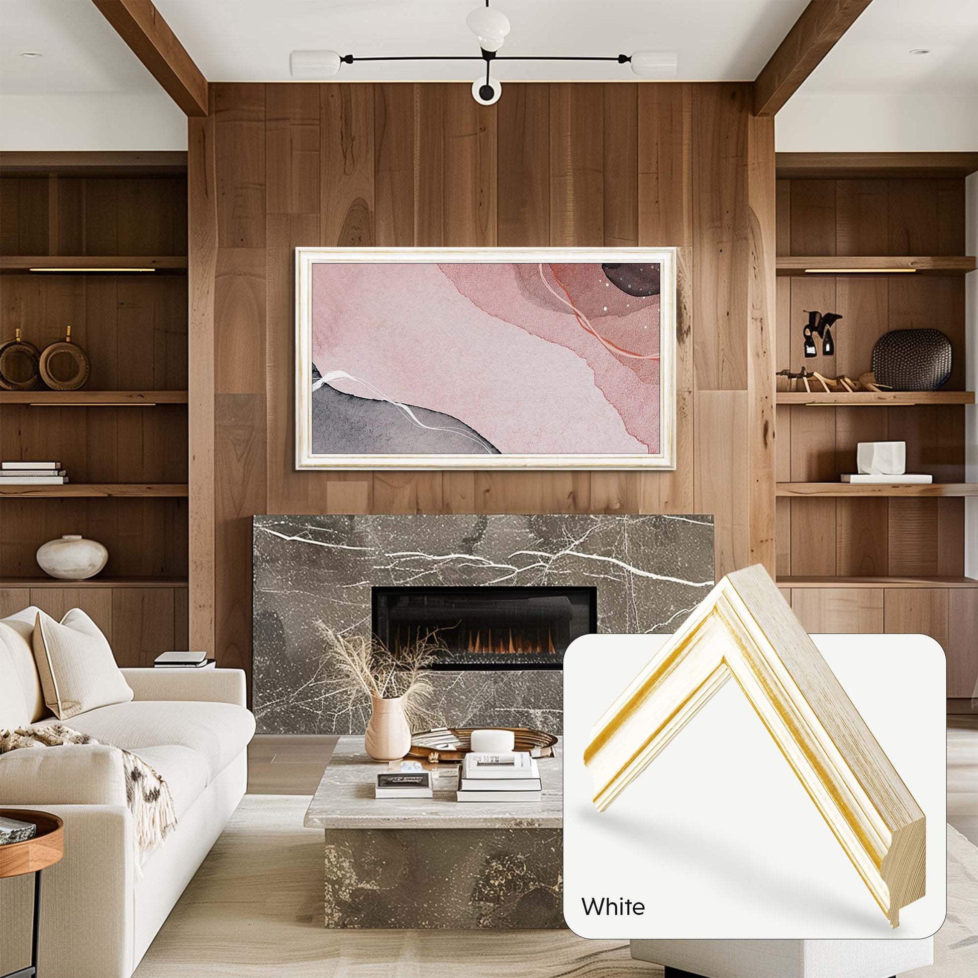 Distressed white tv frame in light rustic interior design