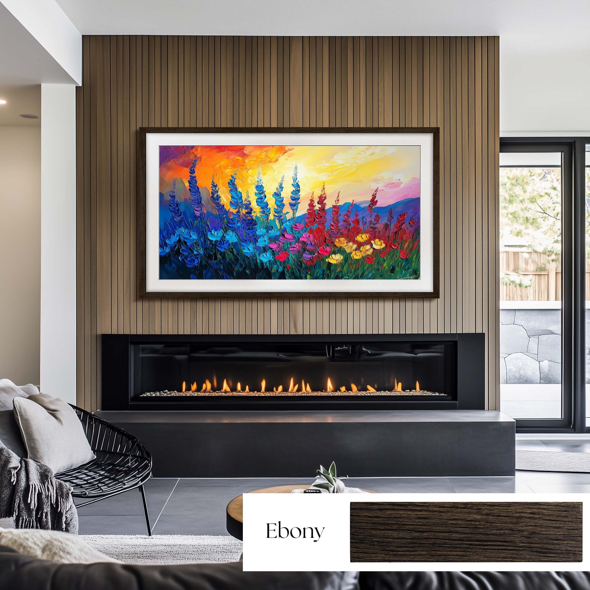 Ebony Black Tv Frame on the wood slot wall above gas fireplace in Contemporary Living Room