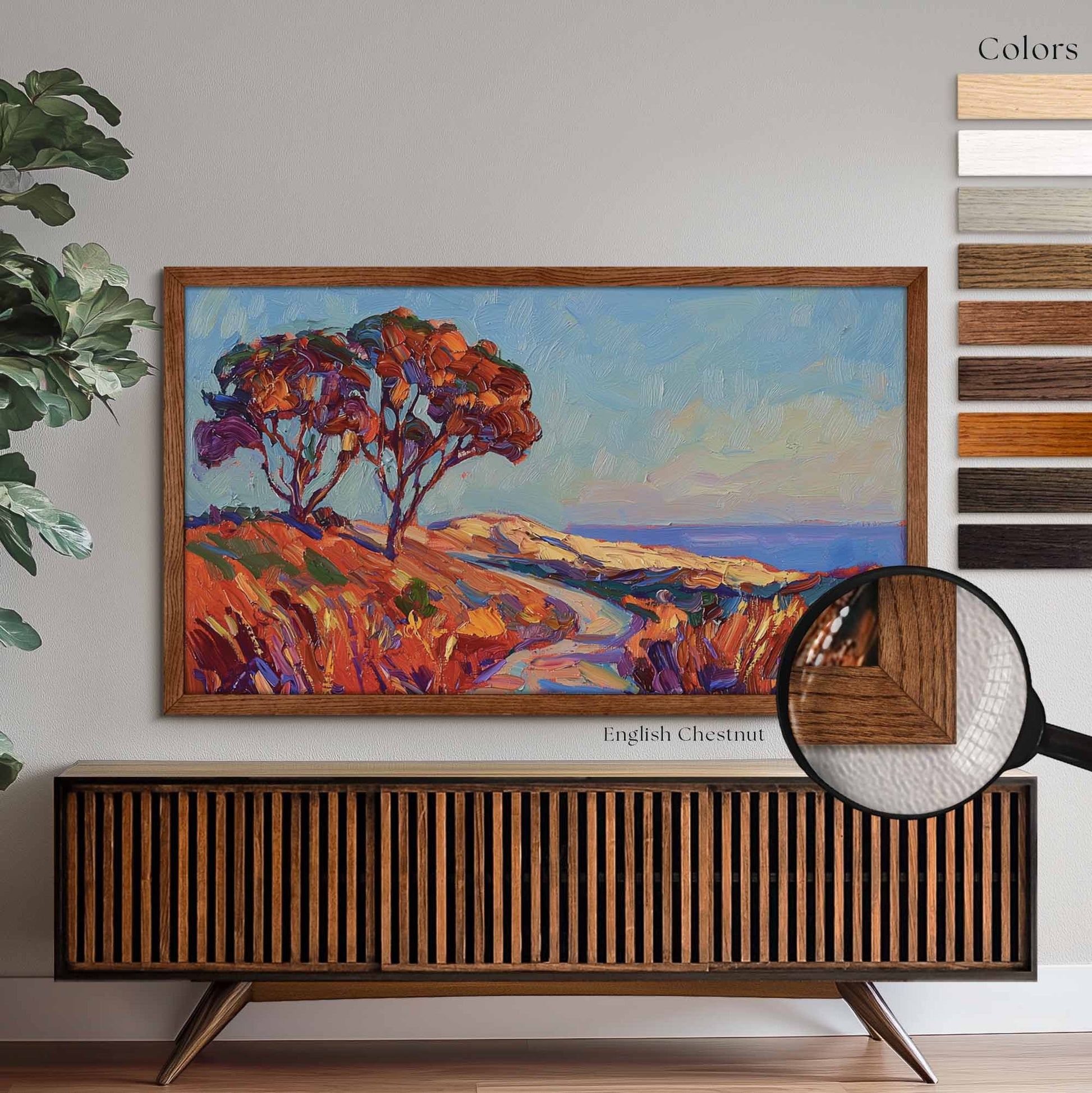 English Chestnut color oak tv frame above oak TV stand, mid-century modern Living Room