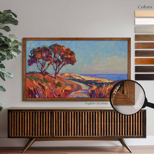 English Chestnut color oak tv frame above oak TV stand, mid-century modern Living Room