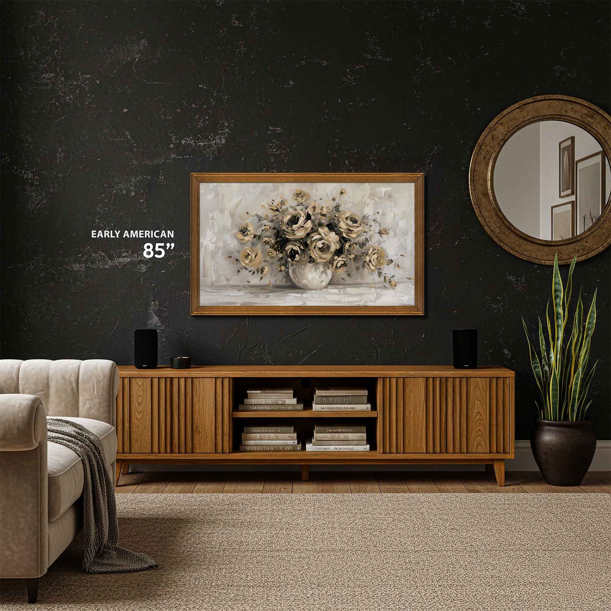 Living room with wooden TV stand, floral painting, and round mirror.