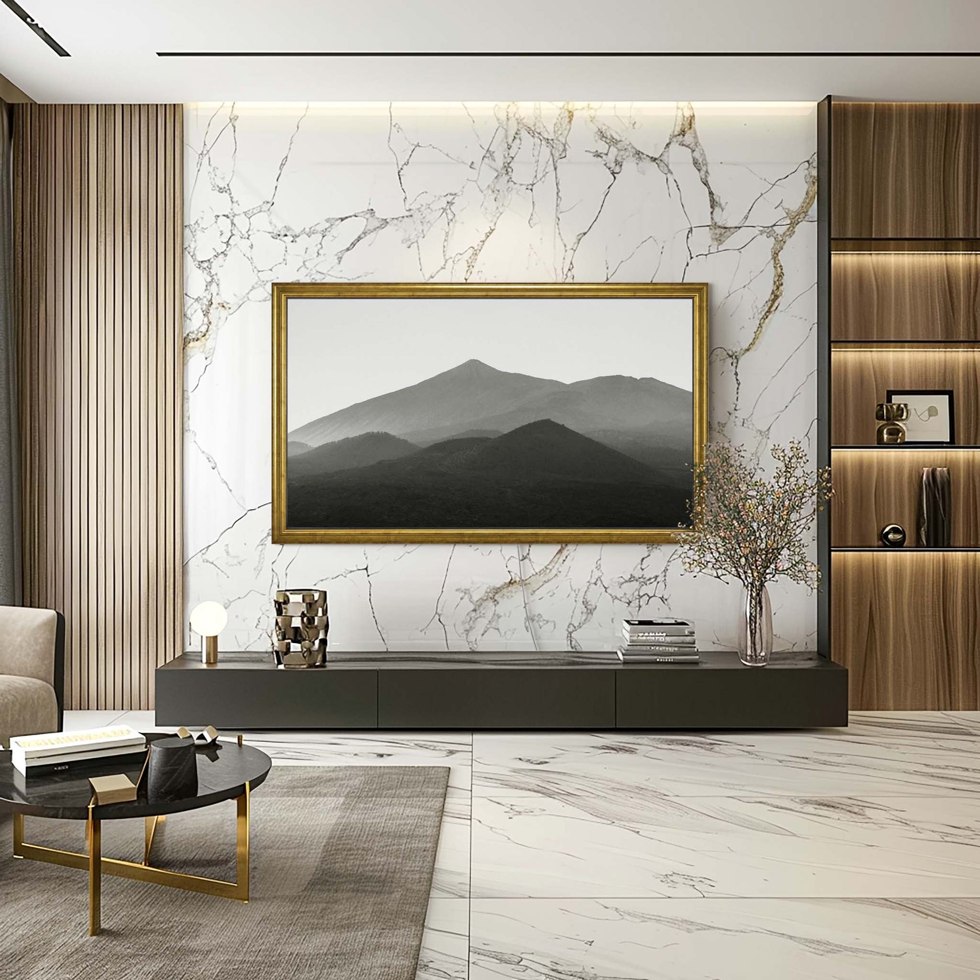 Gold TV Frame in Living room with marble panel walls