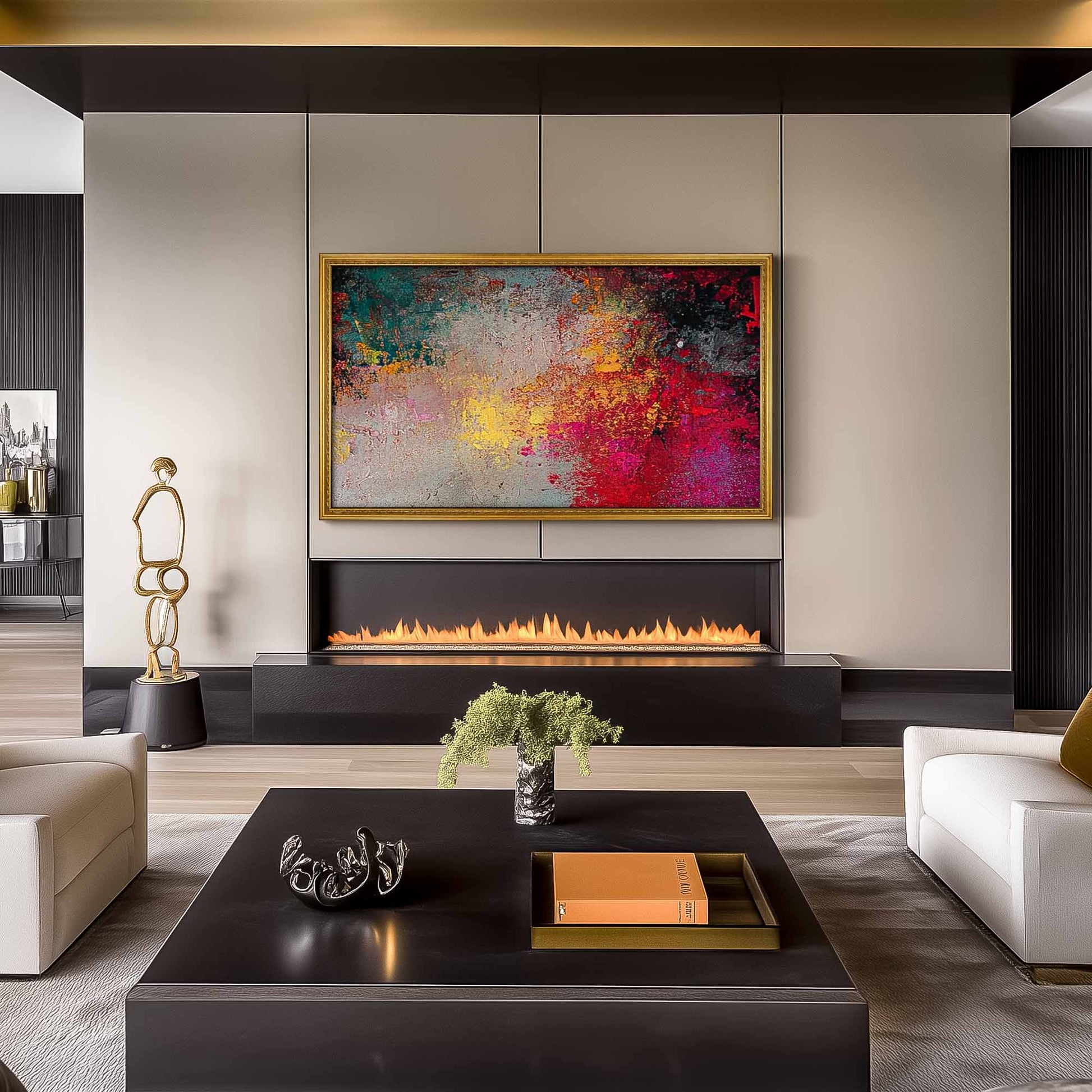 Gold frame for Samsung The Frame tv on the wall above electric fireplace in Modern Living Room