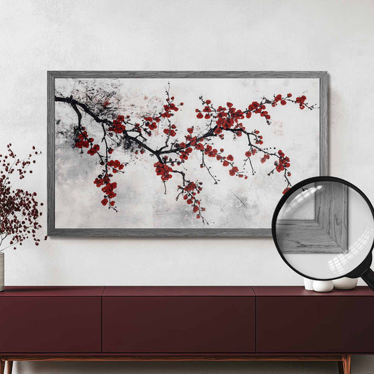 Gray TV Frame above dark red purple toned tv unit