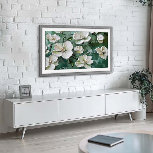 Gray wood TV Frame in white industrial interior design